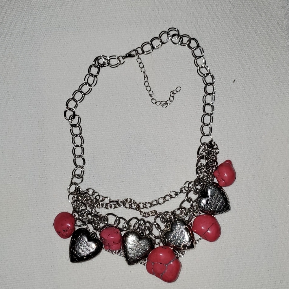 Silver Hearts & Pink Stone Necklace